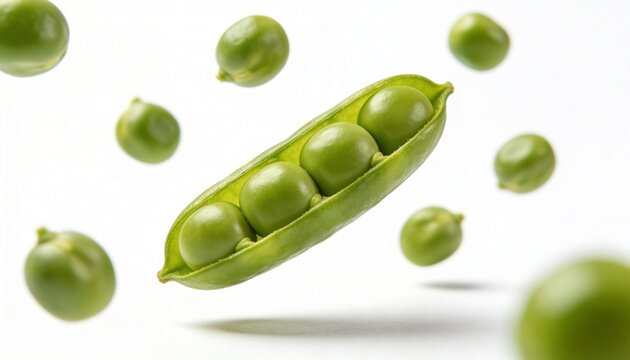 Fresh green peas in a pod with scattered peas floating against a white background
