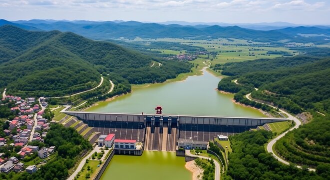 Aerial view of a large green dam with a reservoir surrounded by lush green hills and a small town