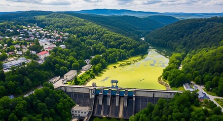 Naklejka premium Aerial view of dam with green water and surrounding landscape 1