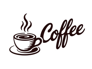 Steaming hot coffee cup illustration with saucer and text