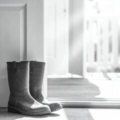 Fototapeta premium Rubber Boots by Doorway in Black and White.