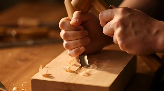 Close up woodworker chiseling wood with mallet in warm light studio