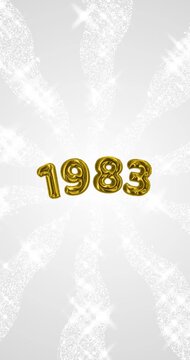 1983 number - 3D Golden foil balloon floating on spiral gray glitter background