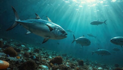 Fototapeta premium Bluefin tuna swim near ocean floor littered with plastic debris. Marine life struggles in polluted water, facing environmental hazard. Sunlight streams through murky depths on sea creatures.