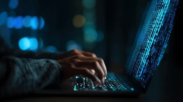 Cybersecurity expert analyzing encrypted data streams on a laptop for potential breach detection.