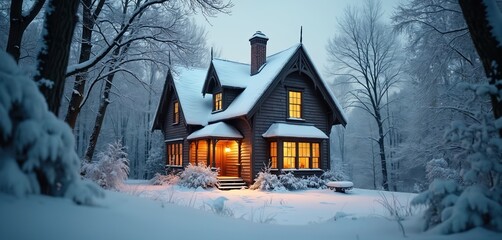 Fototapeta premium Warm light glows from a snow-covered house nestled in a winter forest at dusk. Bare trees surround the wooden building, creating a peaceful, cold scene. Cozy abode under soft snow.