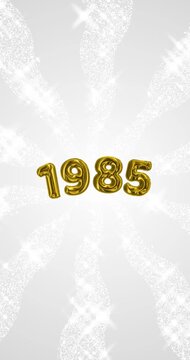 1985 number - 3D Golden foil balloon floating on spiral gray glitter background