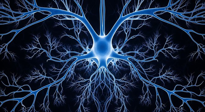Glowing blue neuron with branching dendrites on black background nerve cell axon