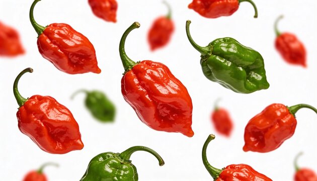 Scattered red and green ghost peppers falling against a clean white background