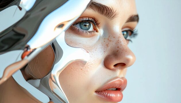 Close-up of a womans face with a white, abstract, futuristic design on her skin, showcasing beauty and technology.