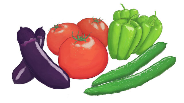 Hand-drawn summer vegetable assortment set illustration material / 手描きの夏野菜 詰め合わせセットのイラスト素材
