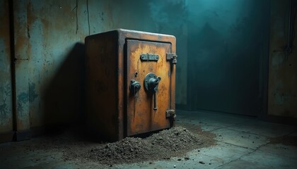 Old rusty safe sits in dark dusty abandoned room. Mysterious atmosphere evokes treasure hunt adventure. Cobwebs hint at secrets hidden inside forgotten relic.