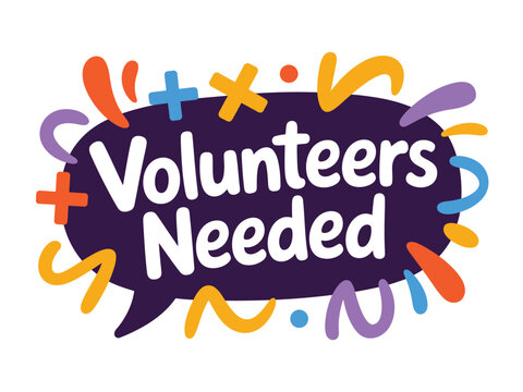 Colorful Volunteers Needed Sign with Playful Squiggles and Symbols