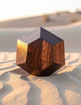 Geometric Wooden Sculpture on Desert Sand.