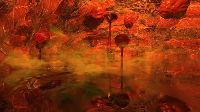 奇妙な植物が生えている洞窟　3DCGレンダリング
　