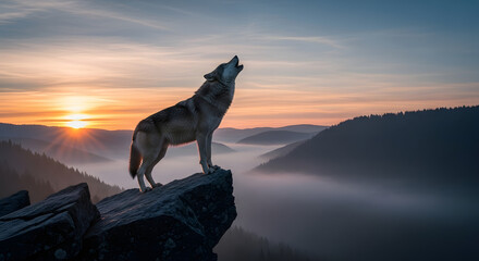 Majestic wolf howling at sunrise over misty mountains   © HA Sento