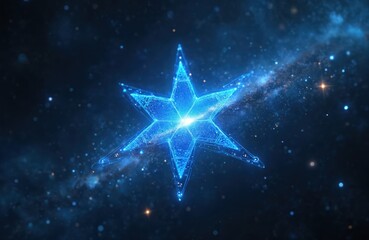 Fototapeta premium Abstract blue star shape. Digital network lines connect glowing particles in deep space. Futuristic galaxy background with nebulae and stars. Cosmic technology concept art.