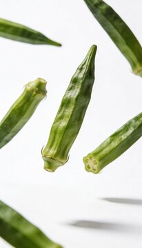 Fresh green okra pods floating against a clean white background with soft shadows