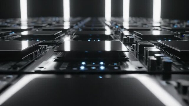 Dark abstract techscape with reflective platforms and lights creating a futuristic, technological atmosphere