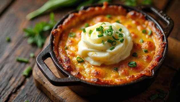 Hachis Parmentier baked in cast iron pan. Creamy mashed potato dollop on top with fresh chives garnish. Rustic wooden table background. Warm comfort food presentation.