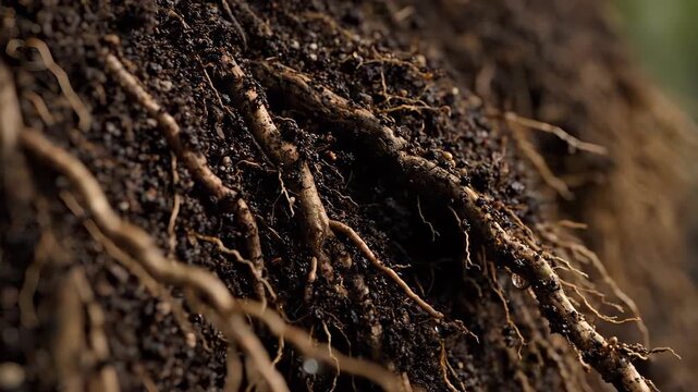 Unveiling Earth's Embrace: An intimate close-up of intertwining plant roots within the rich, fertile earth, showcasing the intricate network that sustains life.