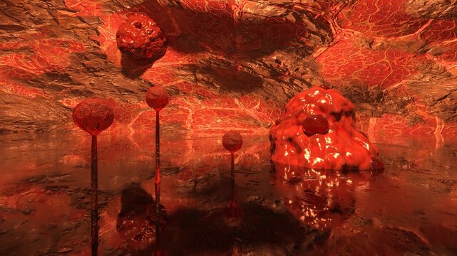 奇妙な植物が生えている洞窟　3DCGレンダリング