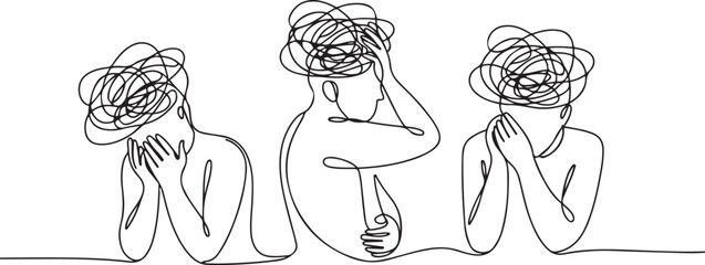 Continuous one-line art anxiety drawing art of stress confusing people because any problem. one line Icon drawing