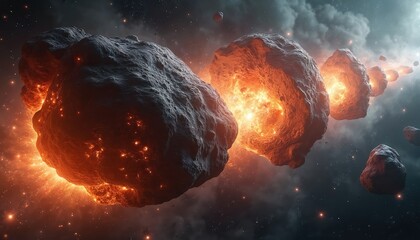 Fototapeta premium Fiery asteroids collide in deep space. Burning cosmic rocks explode creating bright light and dust. Nebula background with distant stars and planets. Space rocks scatter outwards from impact.