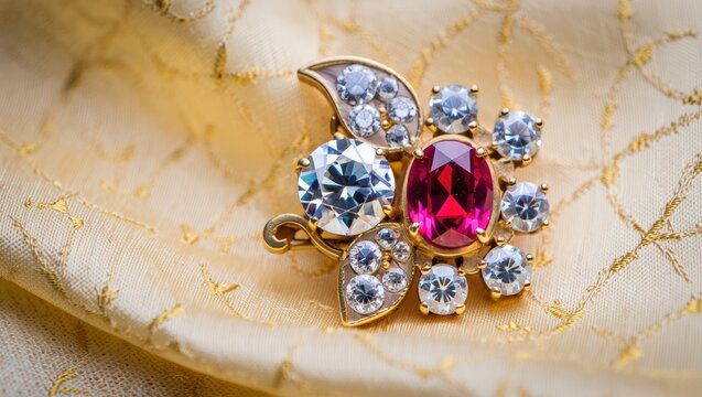 Luxurious Gold Brooch with Ruby and Diamonds on Silk