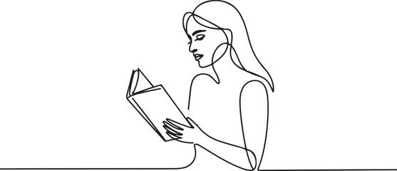 One line woman reading a book. Line Art Girl read book. Creative simple elegant minimalist illustration. one line Icon drawing