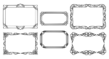 set of 4 vintage decorative frames, classic ornamental borders, black and white outline vector, minimal elegant design, uniform stroke, isolated on white background