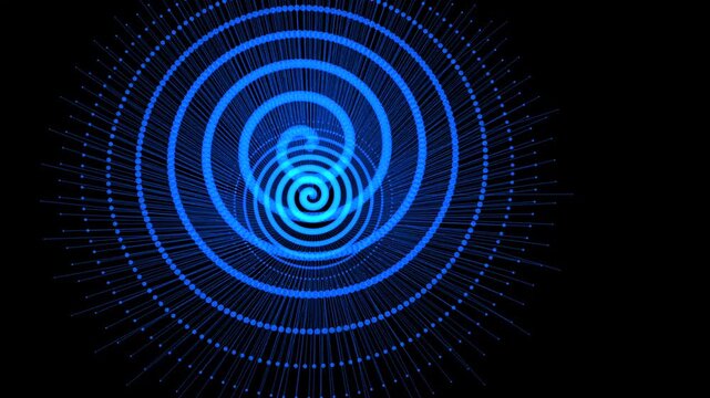 A top-down view of a concentric blue spiral system where points are connected by thin radial lines, creating a mesmerizing, clockwork-like rotation.