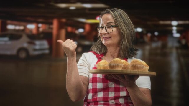 Woman cook senior hispanic with grey hair and glasses wearing red check apron holding homemade muffins on a wooden tray and pointing thumb over shoulder in parking building; pride.