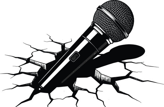 Black and white illustration of microphone forcefully embedded in cracked ground surface, dramatic shadow effect, symbolic mic drop concept representing powerful statement, performance, 