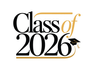 Class of 2026 graduation logo with gold accents and mortarboard hat on white background