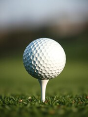 A pristine white golf ball precariously balanced on a slender tee, awaiting its fate on the green, excitement, golf