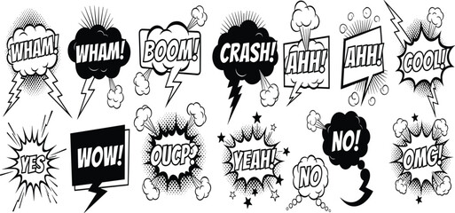 Comic Book Speech Bubble Explosion Collection with Boom, Wham, Crash, Wow, and OMG Sound Effect Text for Pop Art Vector Illustration © Selim Studio