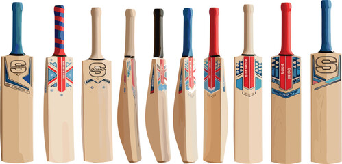 Cricket Bat Collection with Modern Sports Equipment Designs Featuring Different Handles and Branding Styles for Professional Game Gear Vector Illustration © Selim Studio