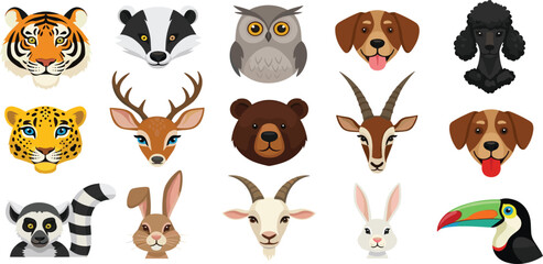 Fototapeta premium Diverse Animal Head Icon Set Featuring Tiger, Owl, Dog, Deer, Bear, Toucan, and Lemur for Children's Educational Apps, Avatars, and Wildlife Learning Materials
