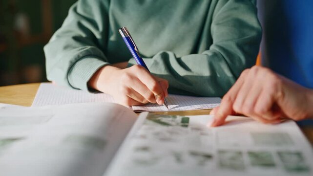 Pupil hand writing notebook making homework home closeup. Mother supporting boy