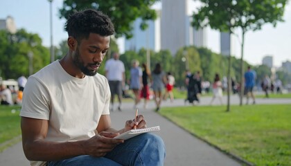 Obraz premium Focused young man using tablet in a vibrant city park.