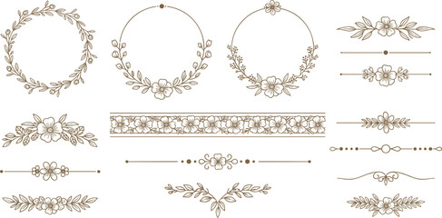 Naklejka premium Elegant Floral Frame and Divider Collection with Vintage Botanical Wreaths, Decorative Borders, and Ornamental Line Elements for Wedding Invitation Design