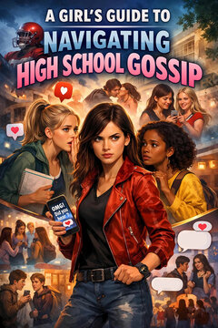 modern action adventure illustration of book "A Girls Guide to Navigating High School Gossip"