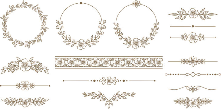 Elegant Floral Frame and Divider Collection with Vintage Botanical Wreaths, Decorative Borders, and Ornamental Line Elements for Wedding Invitation Design