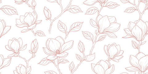 Elegant Magnolia Flower Line Art Seamless Pattern with Botanical Branches and Leaves, Floral Outline Background for Textile, Wallpaper, Packaging, and Decorative Design © Selim Studio