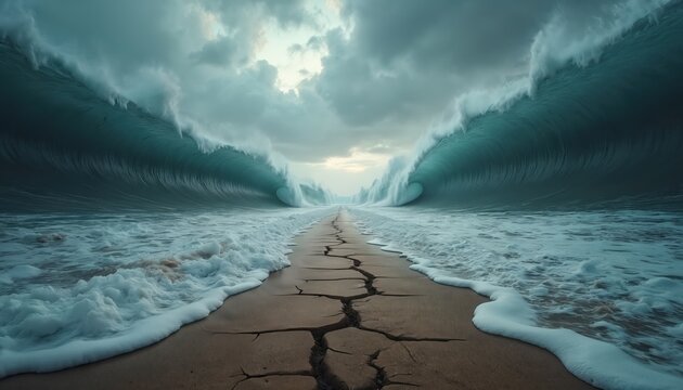Massive ocean waves part to reveal cracked dry land path. Stormy sky above dramatic natural landscape. Represents challenge, crisis, or divine intervention, symbol of hope and faith.