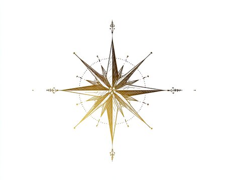 A golden and brown, detailed compass rose icon on a white background, eight points
