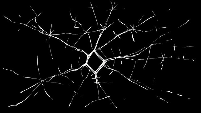 Broken glass effect with cracks and white thin scratches on black screen. Stock animation of drawing damage in 4K resolution.