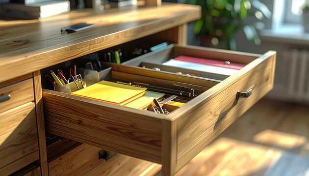 Open Wooden Desk Drawer with Office Supplies and Documents.