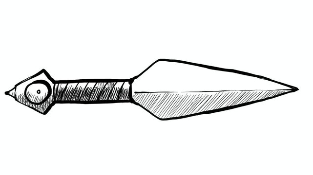 Self drawing linear stiletto on white background. Ritual dagger sketched with black strokes animation.